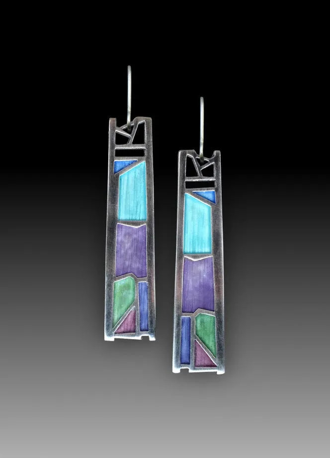 Silver water drop shaped alloy earrings with irregular oil colour pattern design