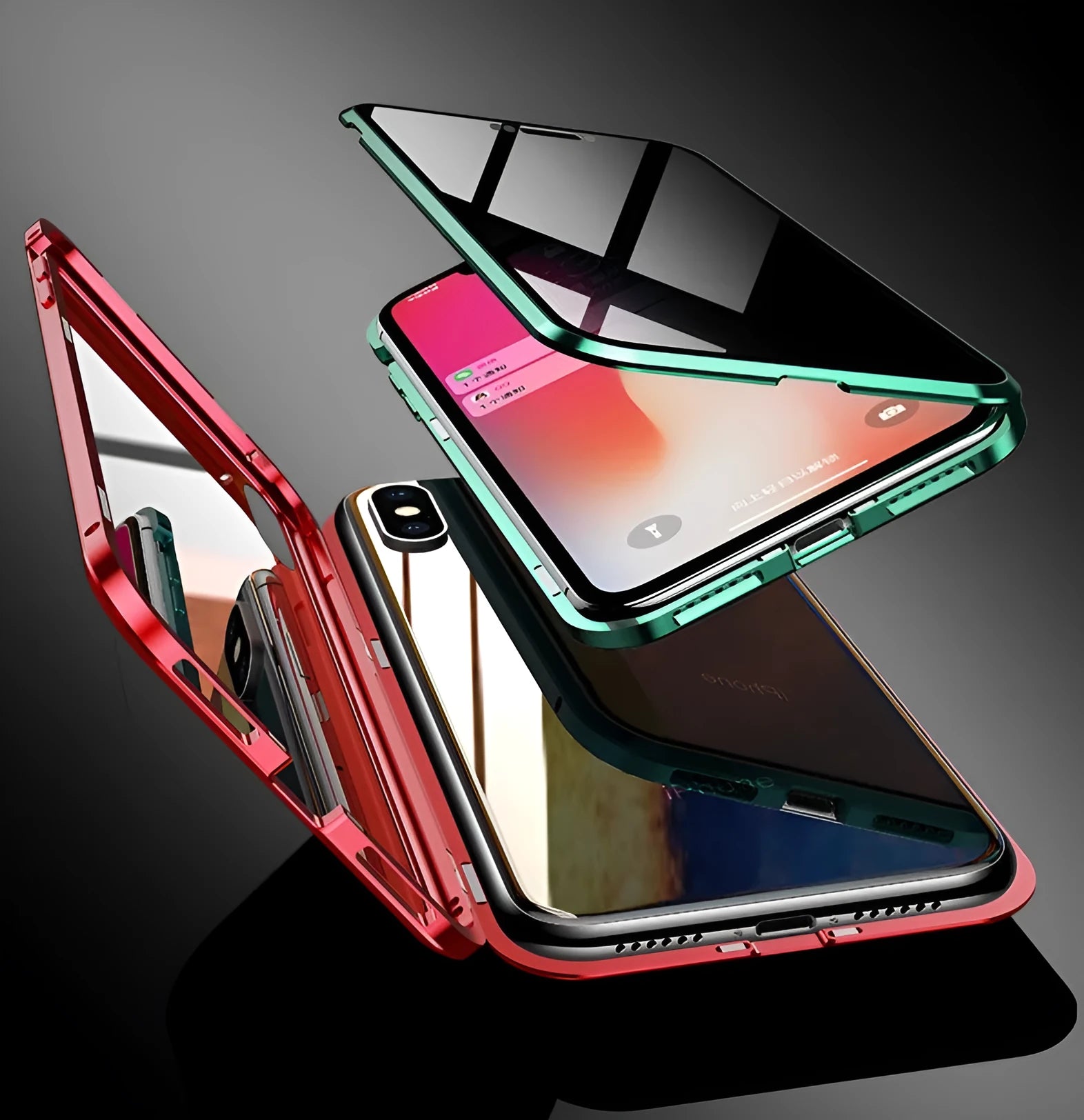 Black clamshell anti-peeping magnetic phone case for Samsung Galaxy shown open and closed.