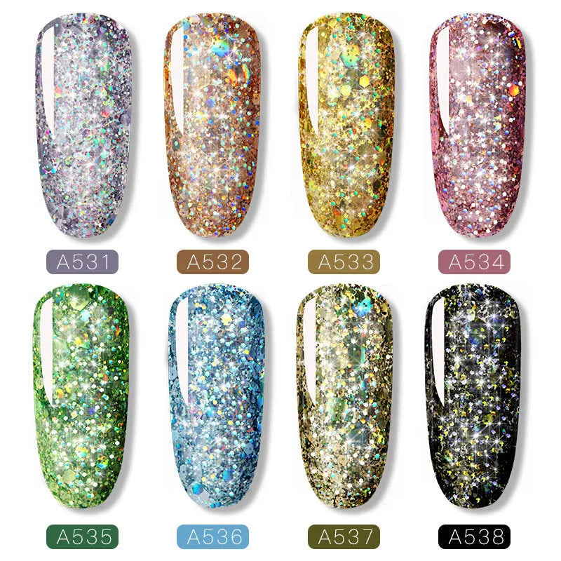 Colorful nail polish set with eight shades coded RFA531 to RFA538 for manicures