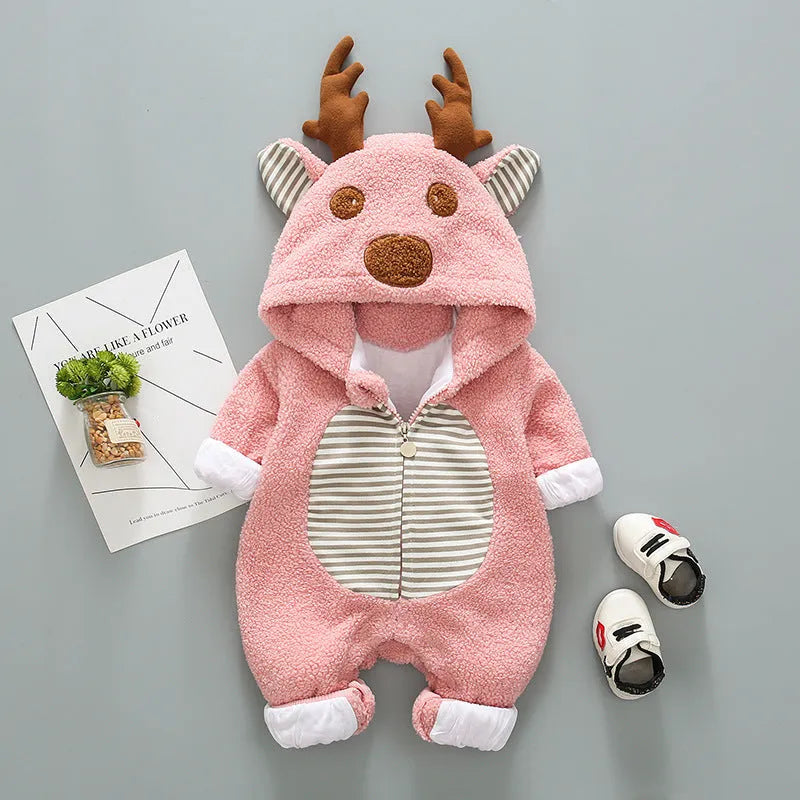 Baby wearing a long-sleeved khaki romper with lace-up strap closure on the front.