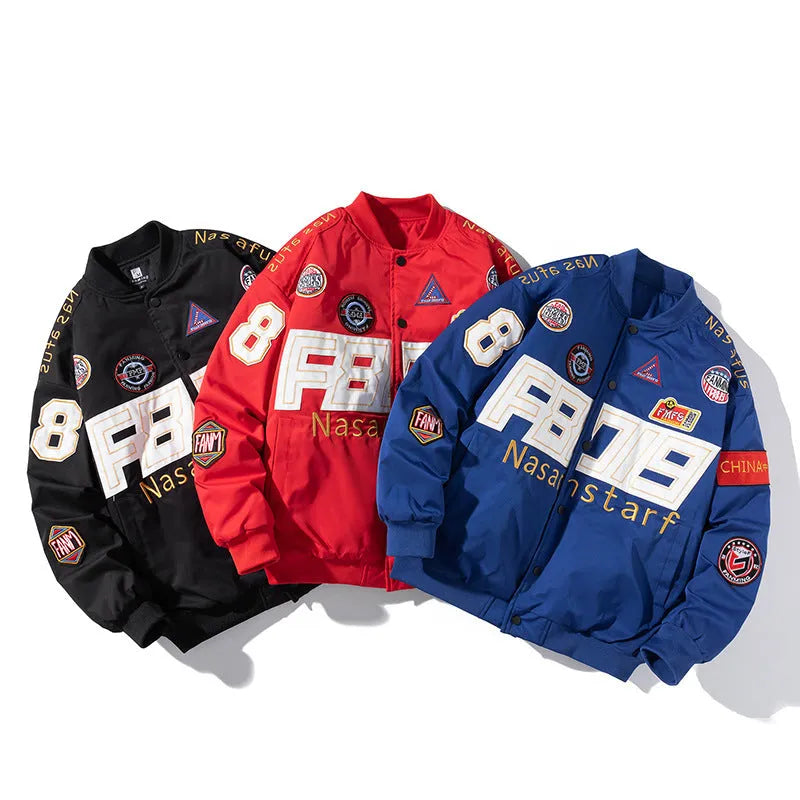 Black motorcycle couple baseball jacket with detachable hood and side seam pockets