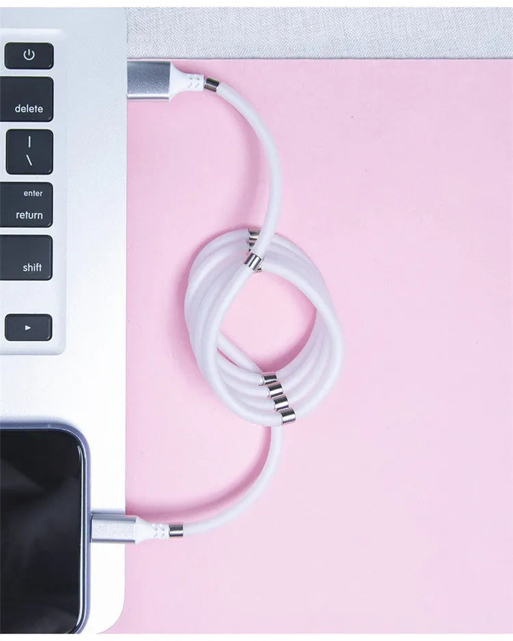 Black magnetic charging cable with aluminium connectors compatible with Apple iPhone and Android devices