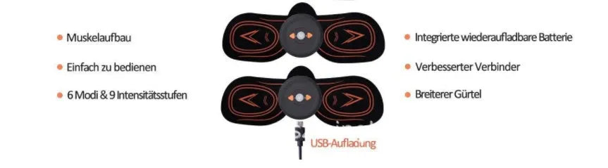 EMS abdominal muscle stimulator sticker in PU gel with rechargeable device and USB cable, available in Blue, Blue spot and Orange.