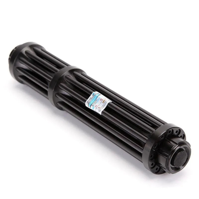 Black anodised aluminium tactical flashlight with blue laser pointer.