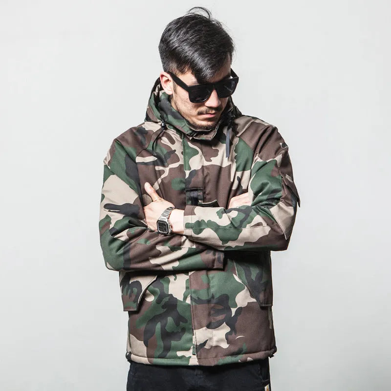 Men's winter camouflage cotton hooded jacket with zip front, available in multiple sizes