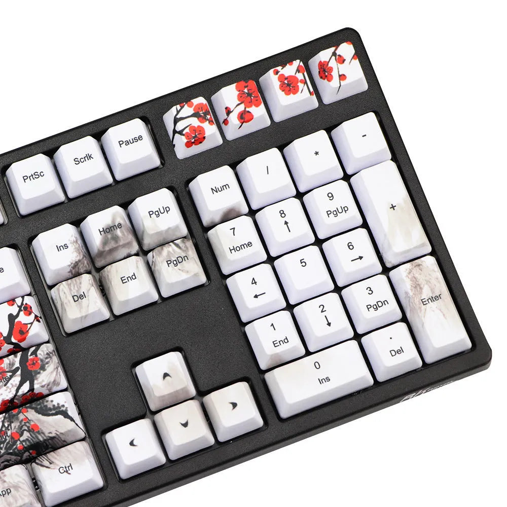 PBT keycap set with Wangjiang plum blossom design showing five-sided sublimation printing on OEM height keycaps