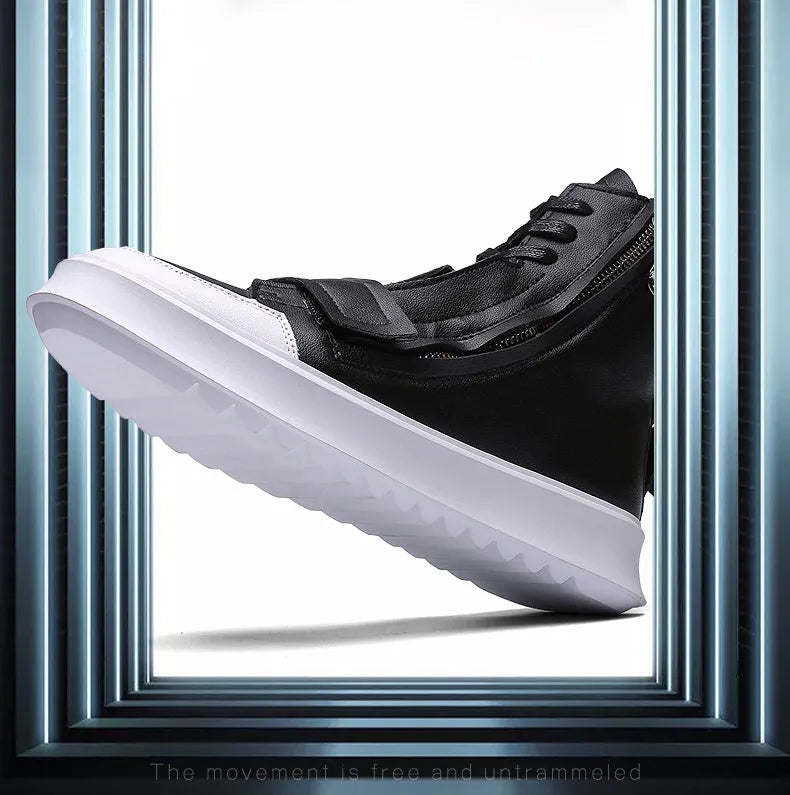 Men's black PU leather ankle boot in a high-top sneaker style for winter.