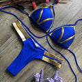 Women's nylon bikini swimsuit with padded cups on a mannequin, showing colour options.