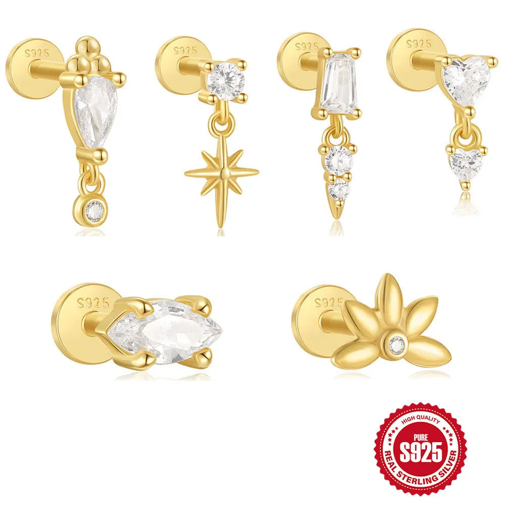 Sterling silver ear stud with gold plated finish and decorative inlaid tassel design