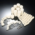 White wool and felt polishing wheel kit with 129 pieces including handles and abrasive wheels for rotary tools
