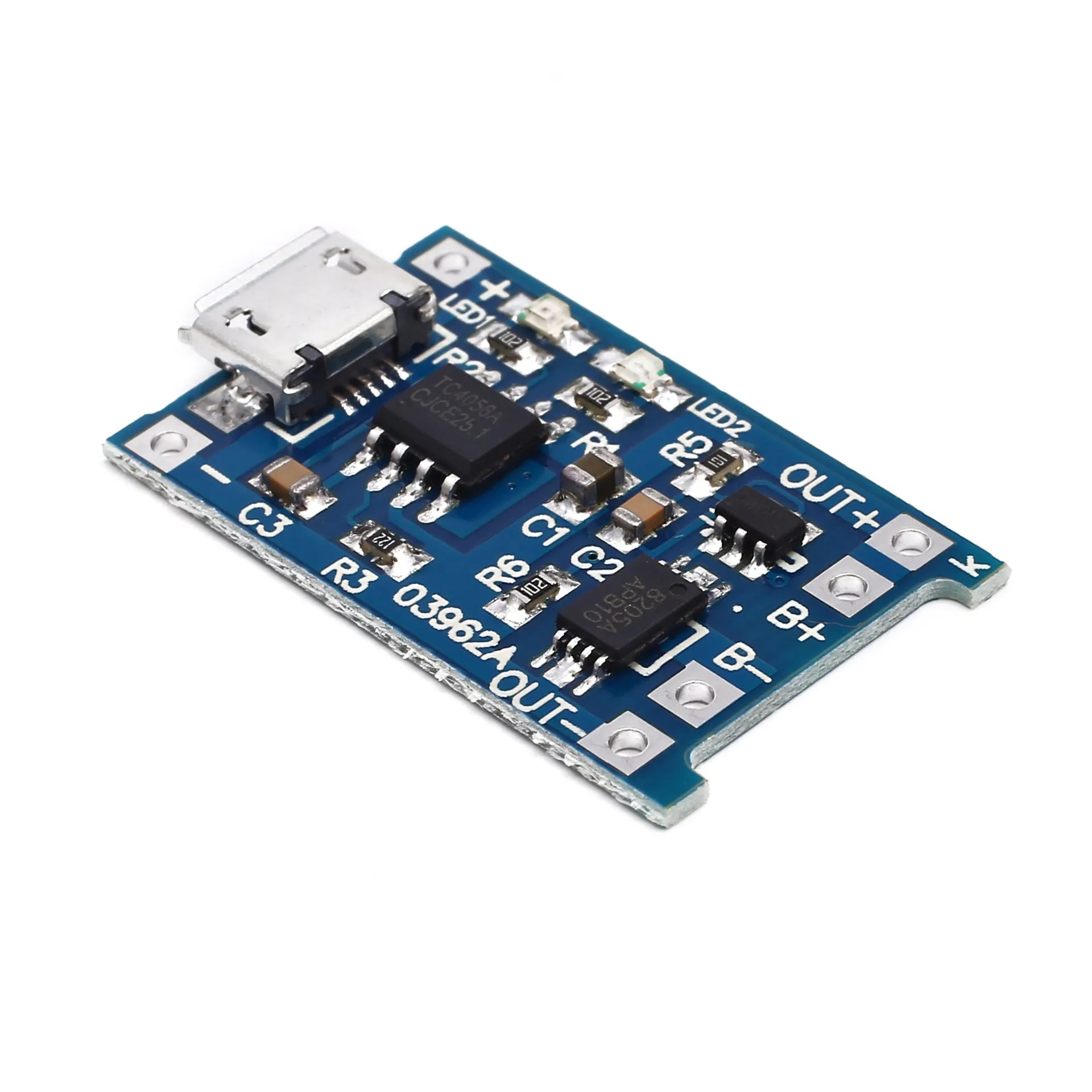 Blue lithium battery charging and protection board with micro-USB port and solder pads
