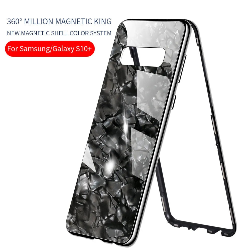 Galvanised mobile phone protective cover in black, PC and glass construction, magnetic plating shell pattern, fits Samsung Galaxy models