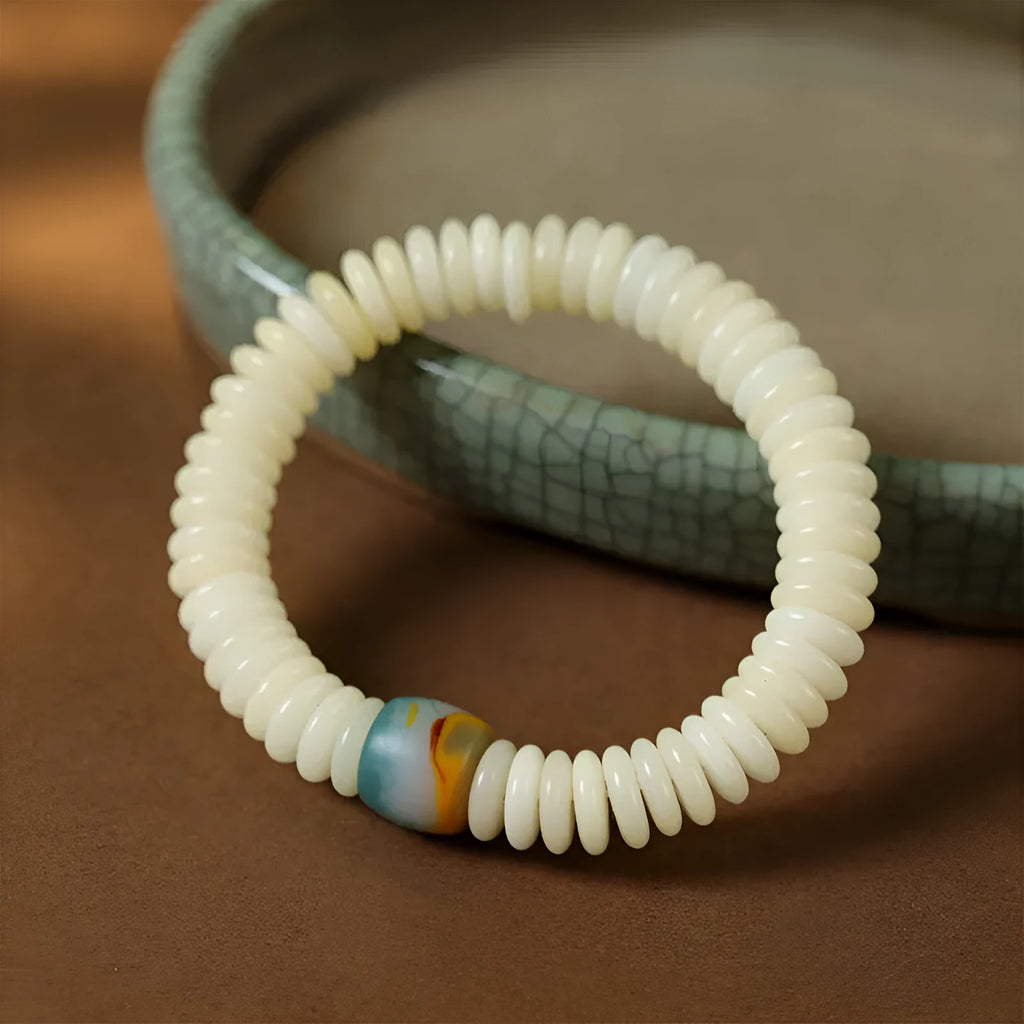 Tibetan white Bodhi bracelet with 3mm x 10mm beads in bracelet and handheld styles