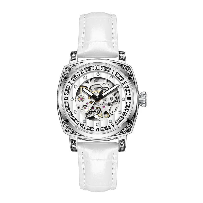 Mechanical wristwatch with luminous dial on a leather strap, shown in multiple colour options.
