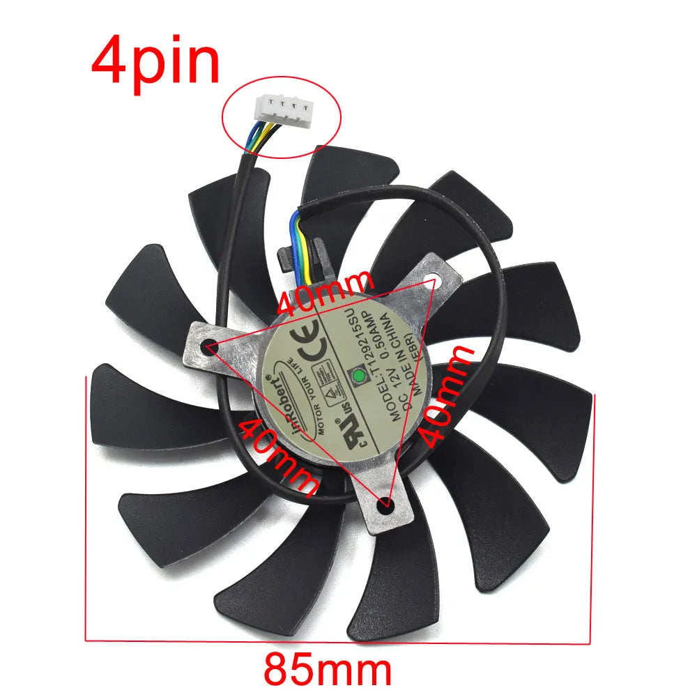Black square graphics card cooling fan showing 4-pin connector and 85mm dimensions