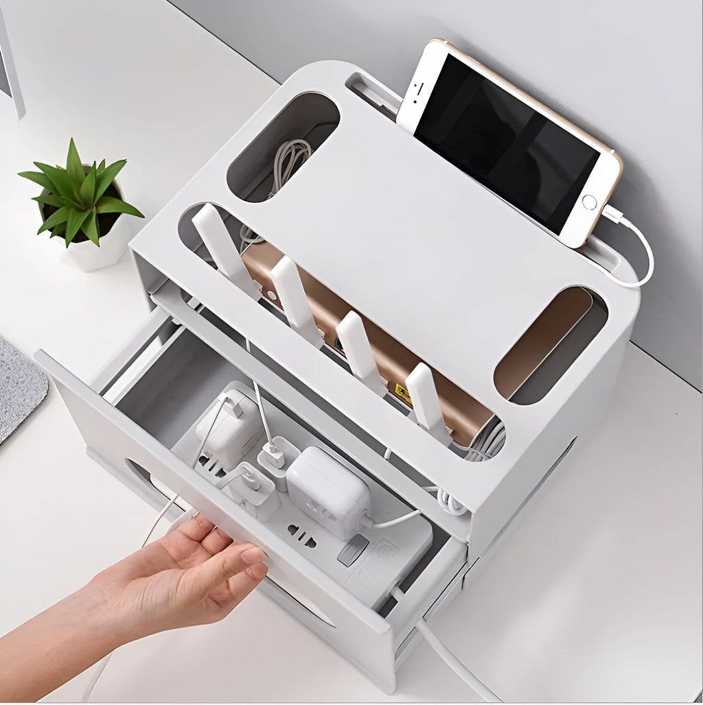 Gray and white plastic wireless router storage box for concealing network equipment and cables
