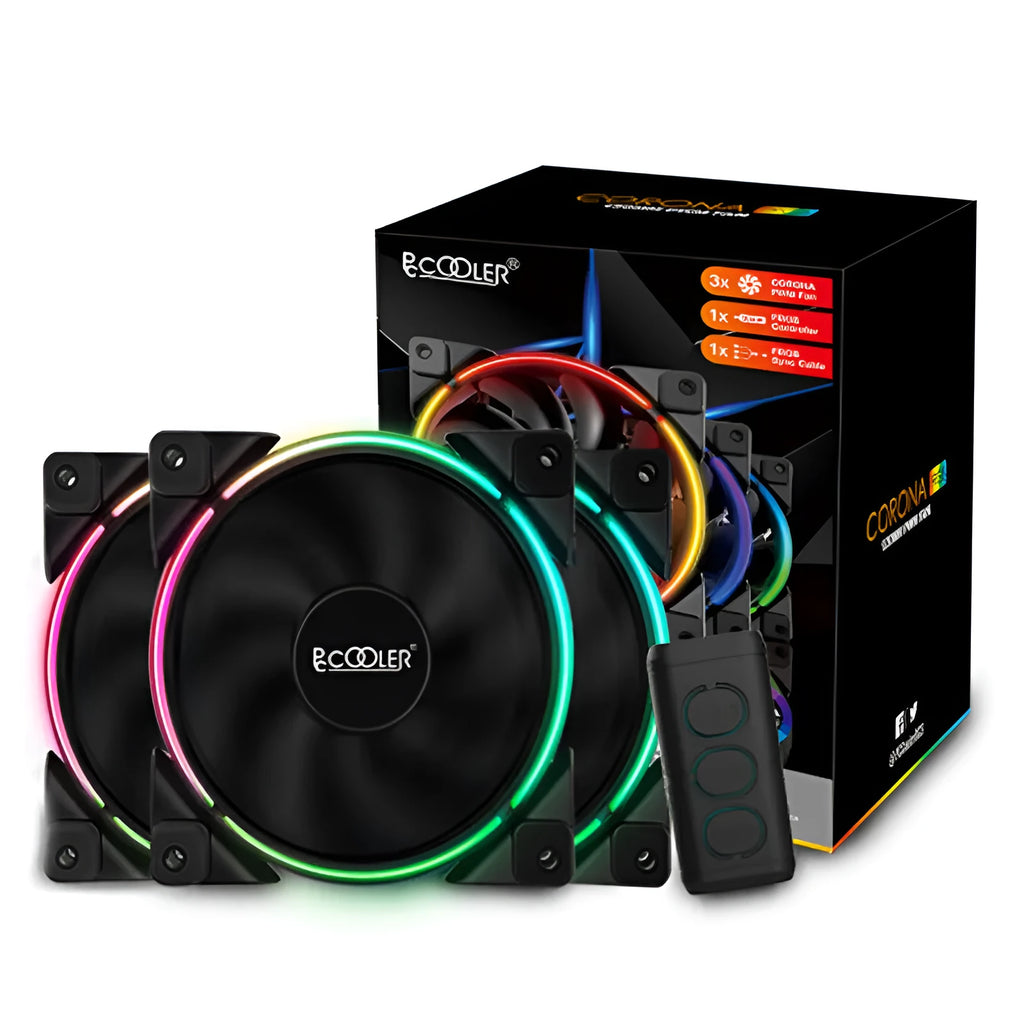 Three black 120mm RGB PC case fans with illuminated blades.