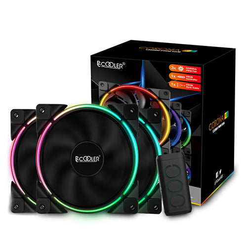 Three black 120mm RGB PC case fans with illuminated blades.