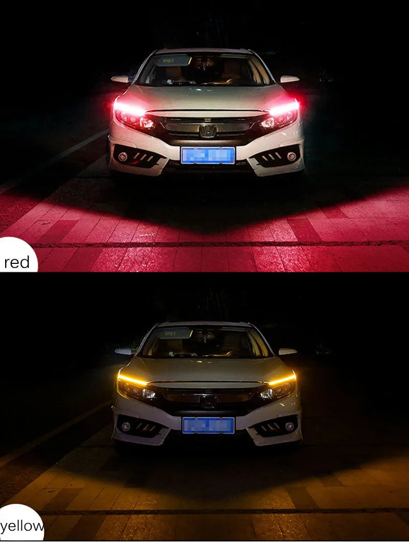 Flexible silicone car LED light strip for daytime running lights and animated turn signals.