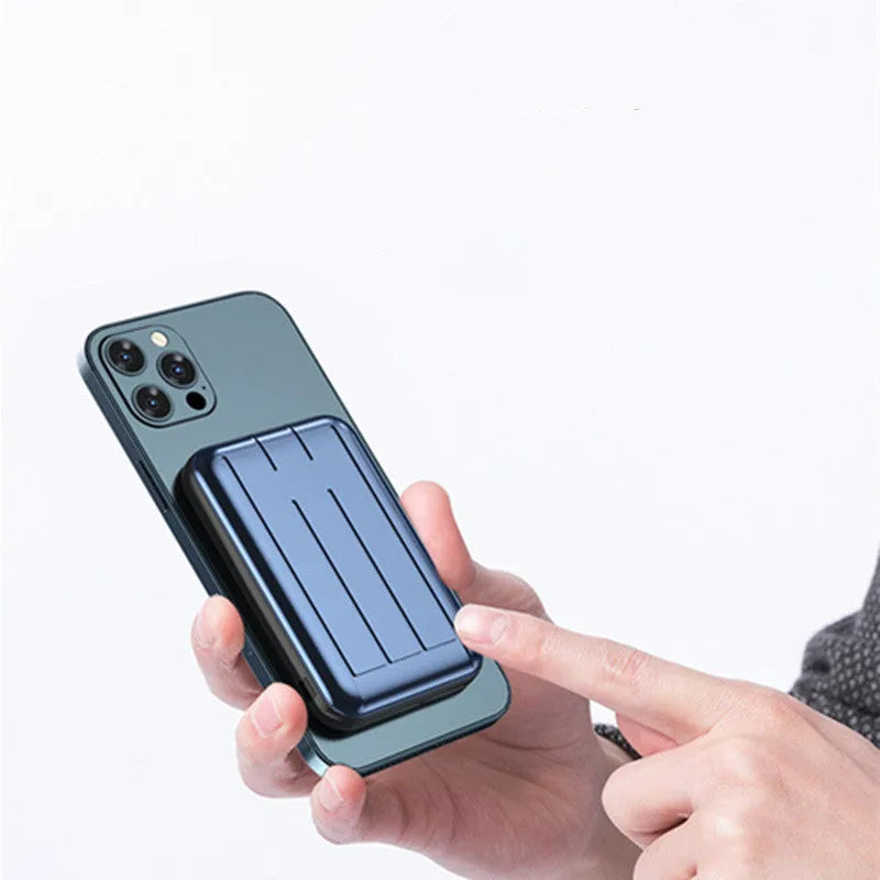 Blue magnetic wireless charging power bank showing dimensions and multi-port output