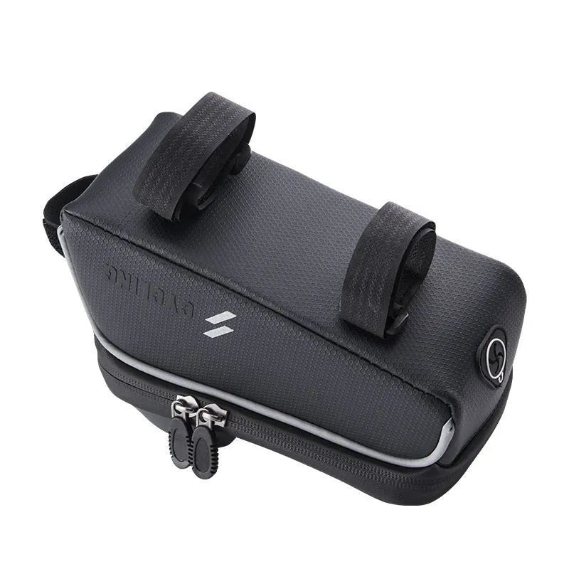 Black 1L handlebar crossbeam bag with TPU touch film window and Velcro straps, shown on a bicycle frame