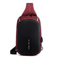 Dark blue Oxford cloth waterproof chest bag with zipper and outer pocket, shown with a phone inside.