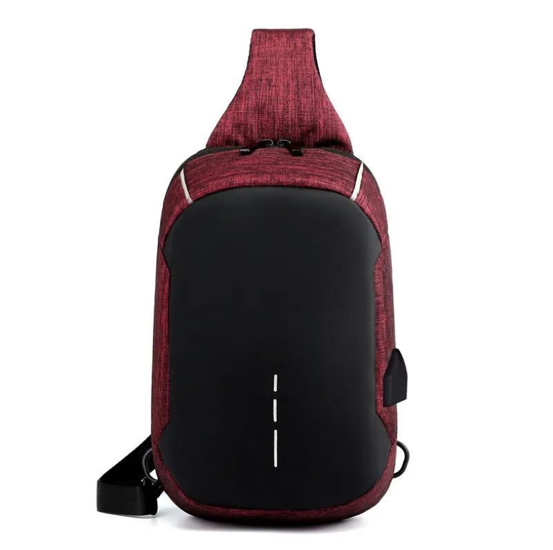 Dark blue Oxford cloth waterproof chest bag with zipper and outer pocket, shown with a phone inside.