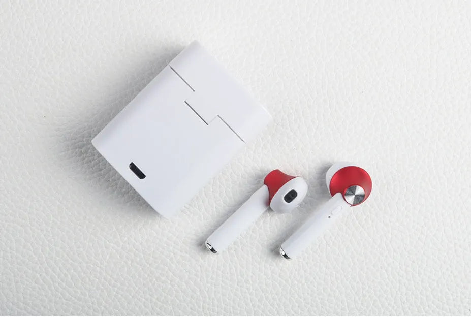 Sports Bluetooth wireless earbuds in black, gold, red, rose gold, or silver colour with 10-metre range and battery display