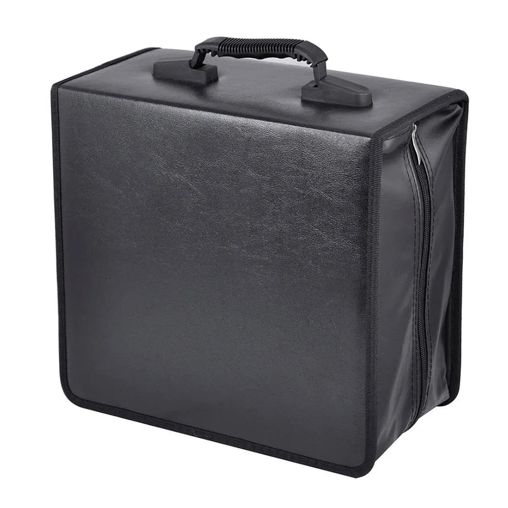 Black Oxford fabric CD DVD storage wallet with top hand strap and zip closure.