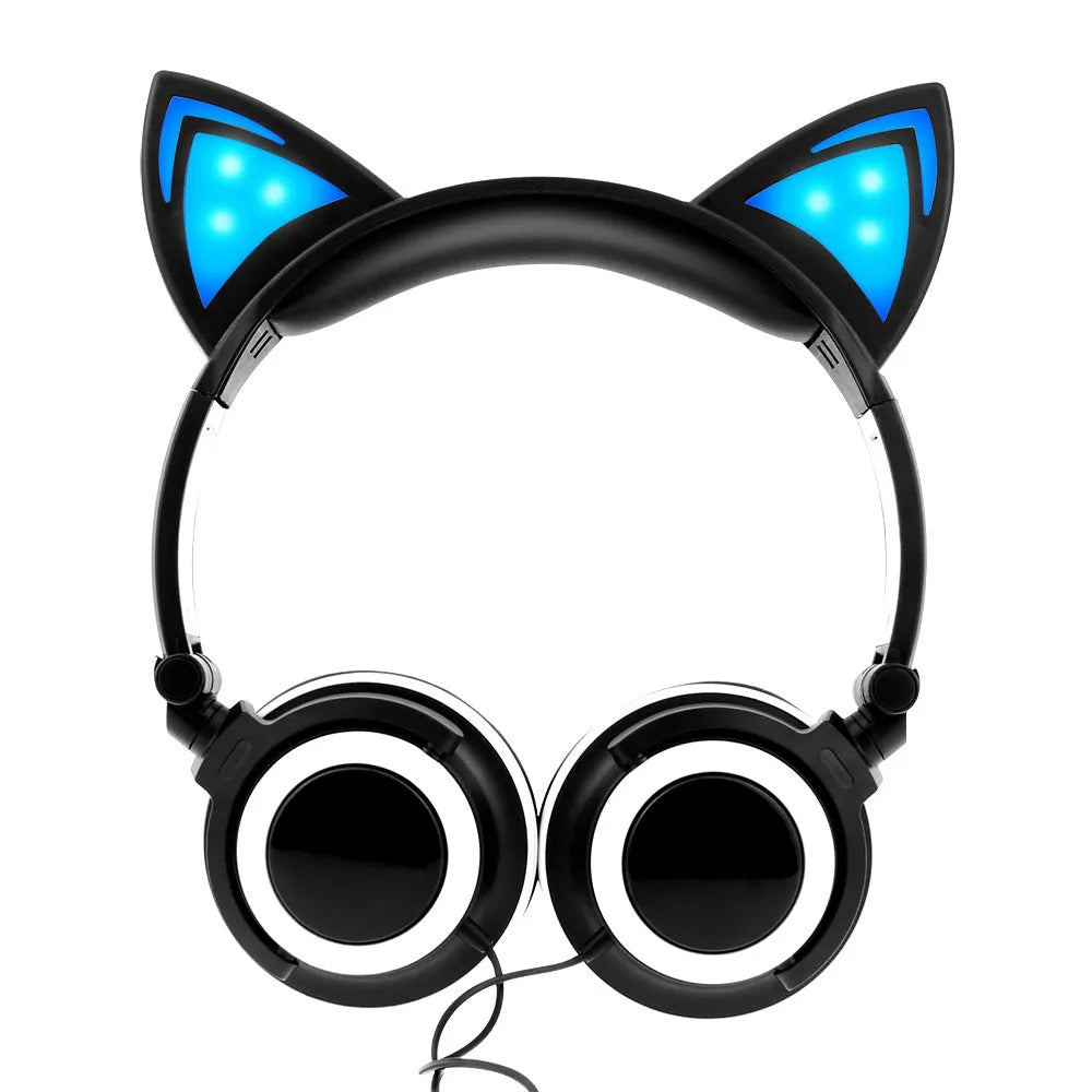 LED cat ear headphones showing illuminated blue ears and cushions on a black headband