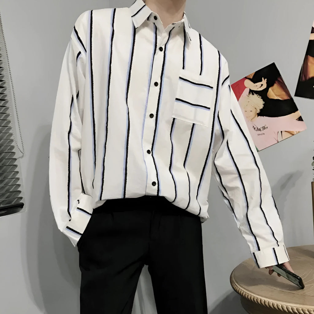 Men's casual loose striped cotton shirt in blue and red, sizes M to 5XL for relaxed everyday wear