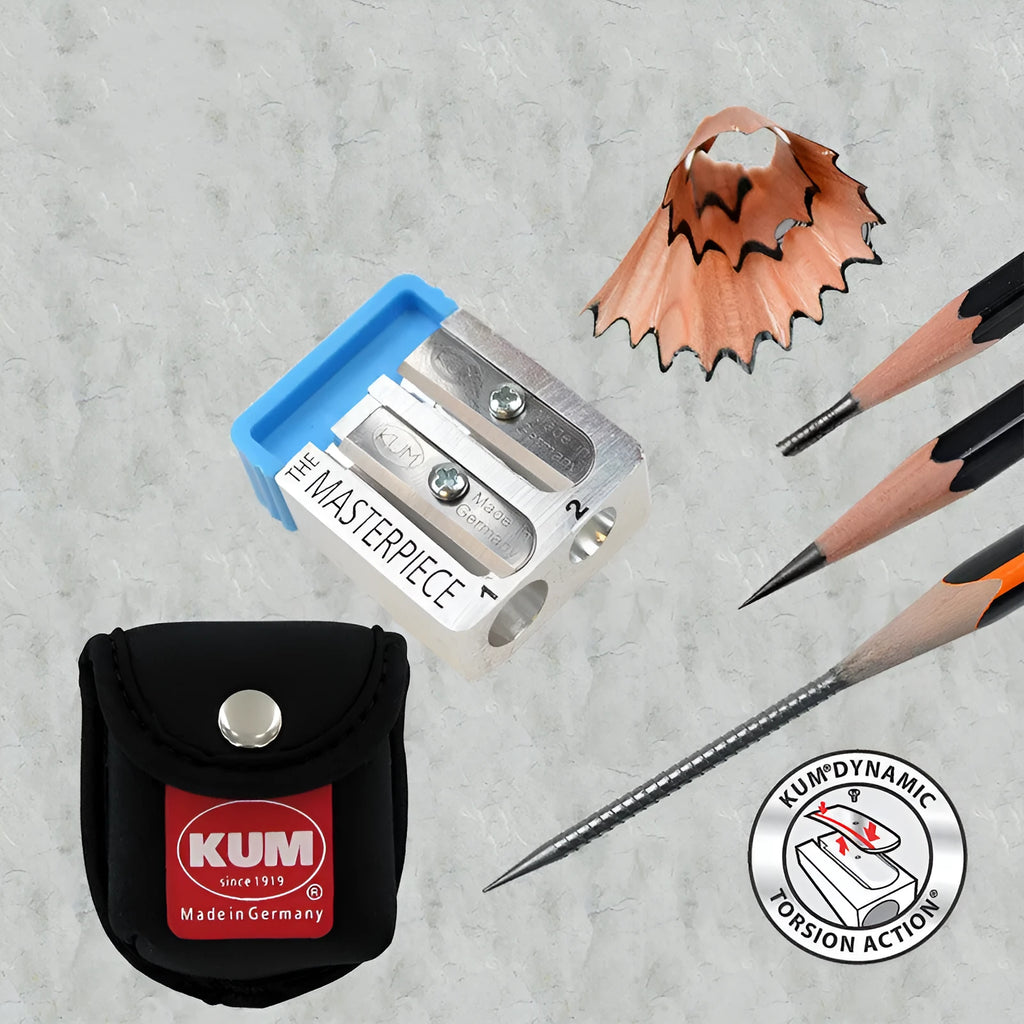 Segmented magnesium metal pencil sharpener with blue plastic plug and two spare blades in silver colour