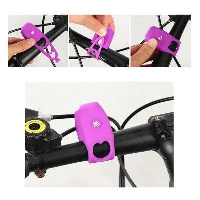 Bike electronic bell with 120dB loud horn, silicone body, IPX4 waterproof, six sound modes, in violet.