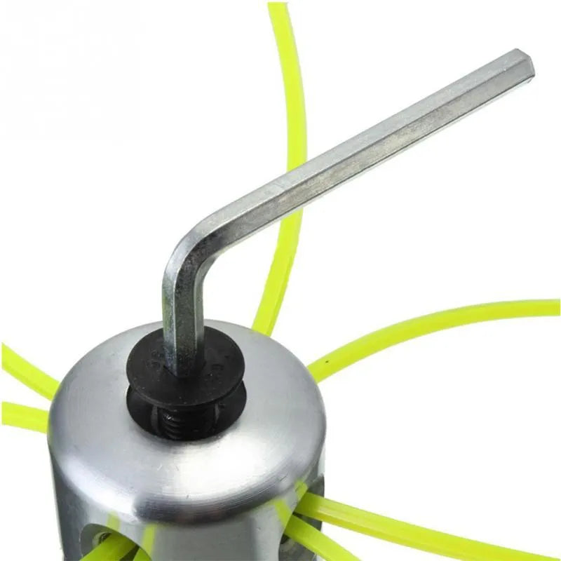Silver aluminium lawn mower grass trimmer head accessory with four light yellow square ropes and a wrench.