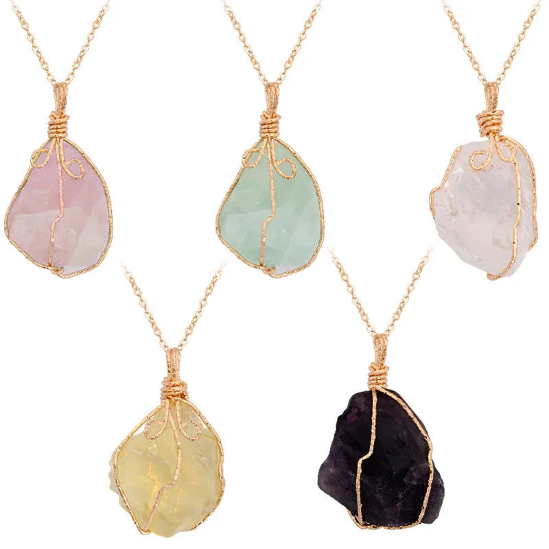 Natural stone pendant irregular rough crystal necklace amethyst with gold setting