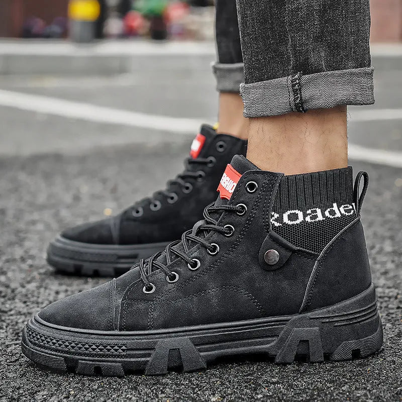 Men's high top Martin boots in Black, round toe, square heel, front tie closure, artificial PU upper