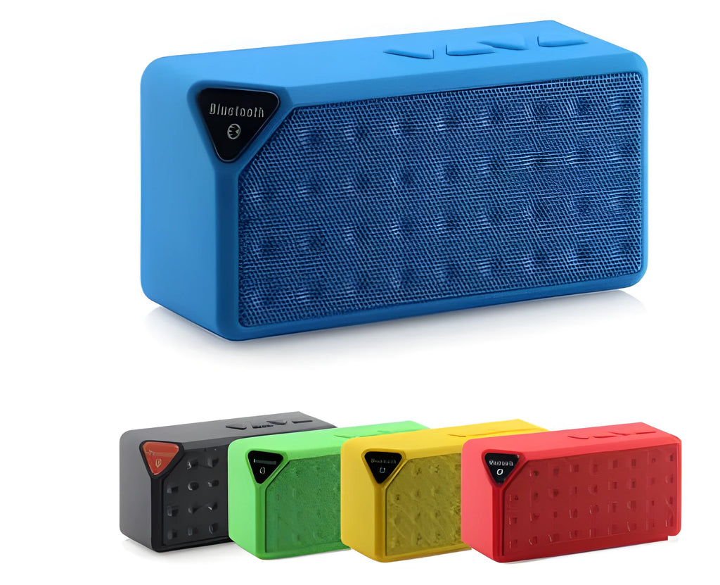 Small cube-shaped Cannon X3 wireless Bluetooth speaker in one of five colours: black, blue, green, red, or yellow.