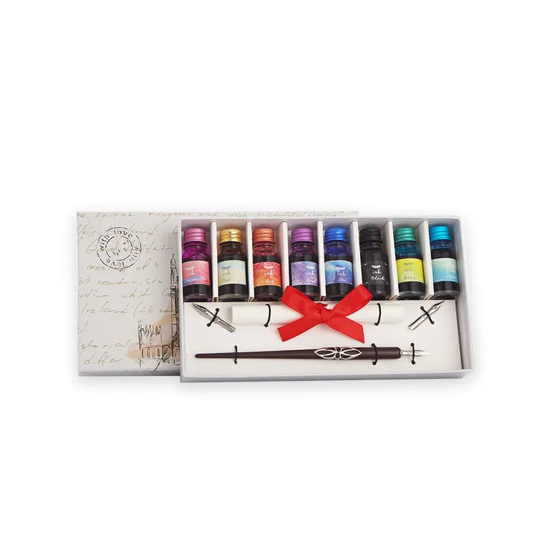 Wooden dip pen calligraphy set with ink bottles in presentation case