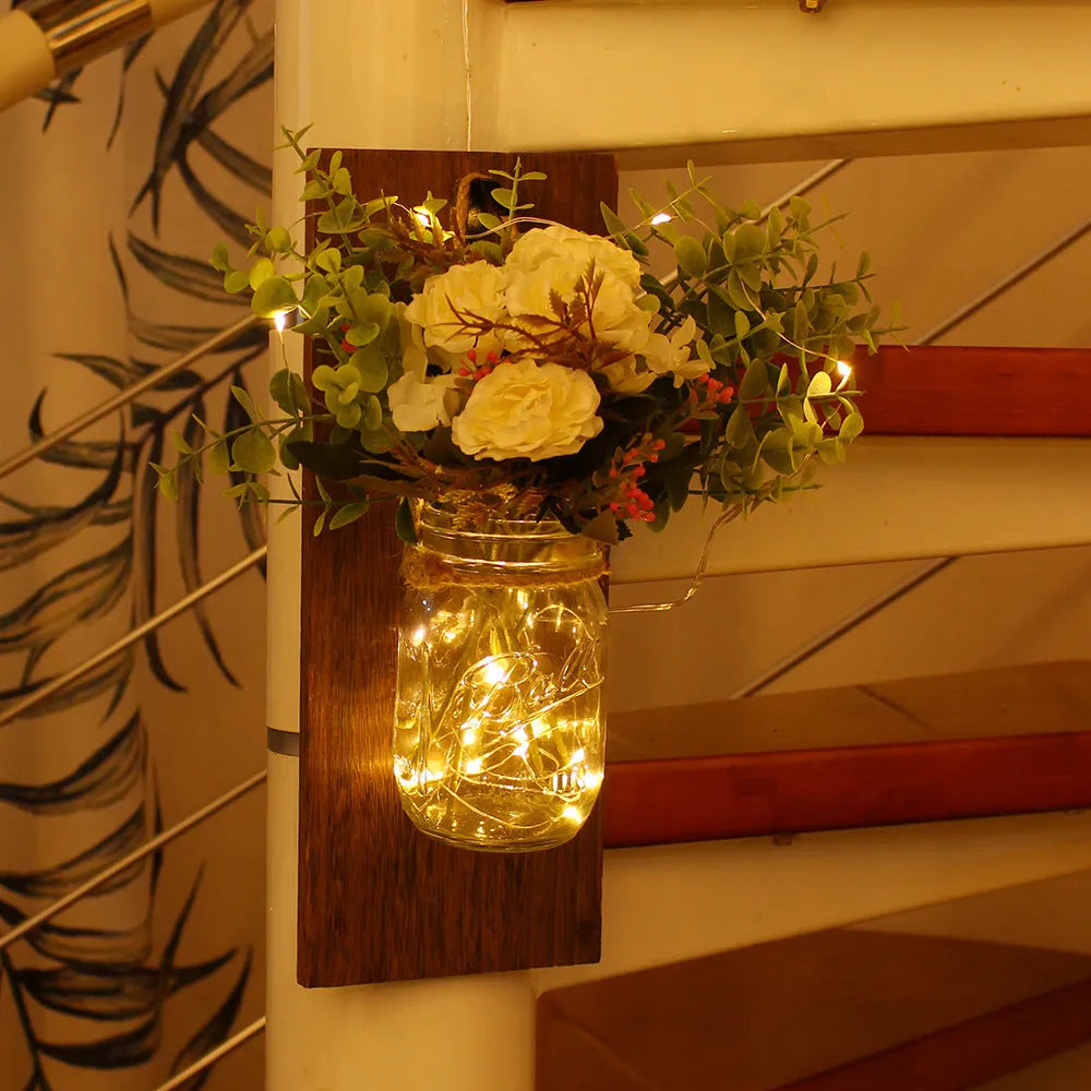 White LED petal wood wall lamp with glass shade on a wall, European modern style