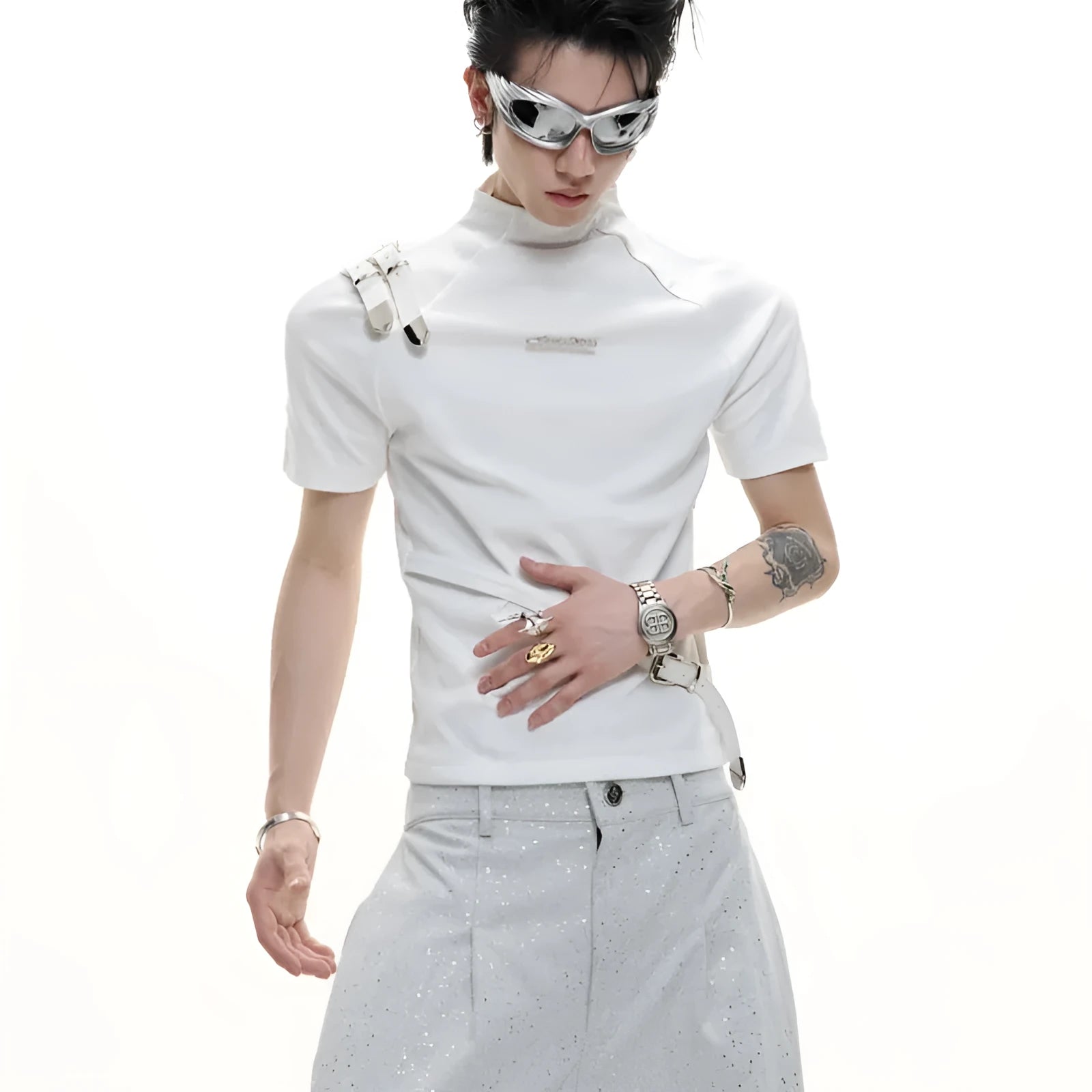 Men's slim fit black cotton short sleeve t-shirt with metal belt detail and stand-up collar.