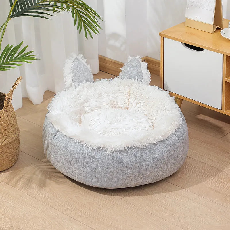 Soft plush faux fur indoor pet bed for cats and dogs, shown in a grey colour.