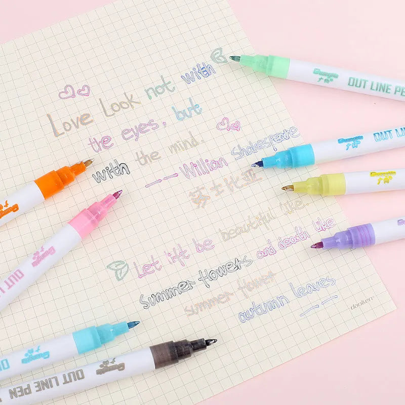 Set of highlighter pens with various colours, showcasing a plastic nib and 1mm-2mm line width on paper.