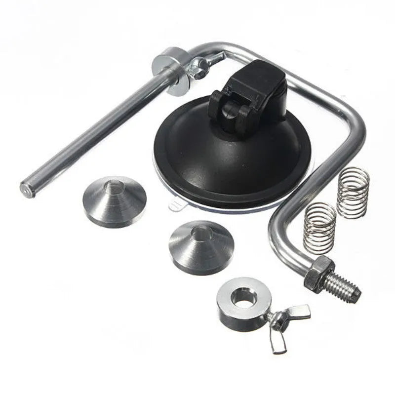 Silver aluminium fishing line spooler with suction cup base, adjustable tensioner, and anti-twist spool holder