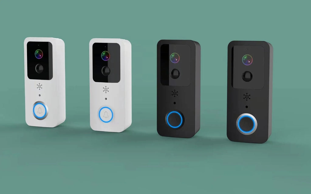 Black or white smart waterproof HD visual doorbell with camera and intercom for outdoor security.