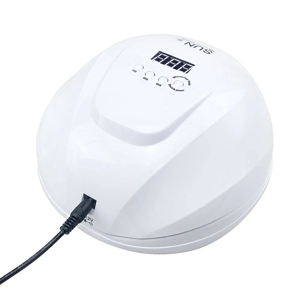 54W UV LED nail lamp dryer with EU plug on white desk, compact design for gel nail curing