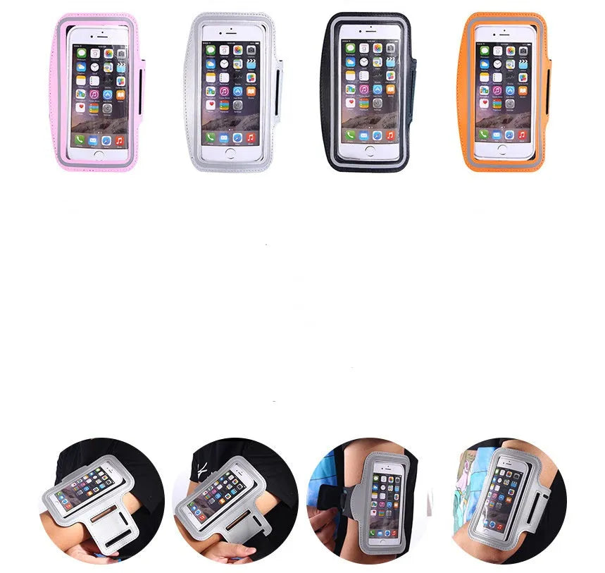 Waterproof running armband for iPhone 6, 7, 6s Plus and 7 Plus in neoprene with reflective material.