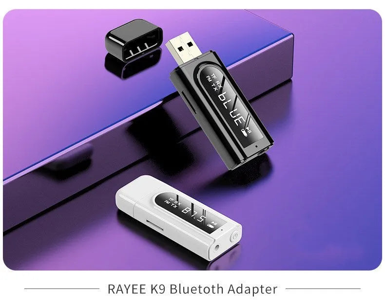 Black USB car FM bluetooth receiver for MP3 playback with AUX input.
