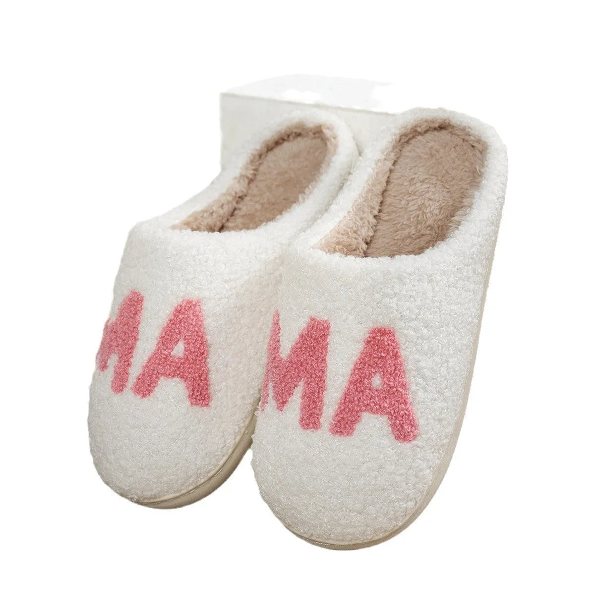 White plush cotton slippers with non-slip TPR sole on indoor floor