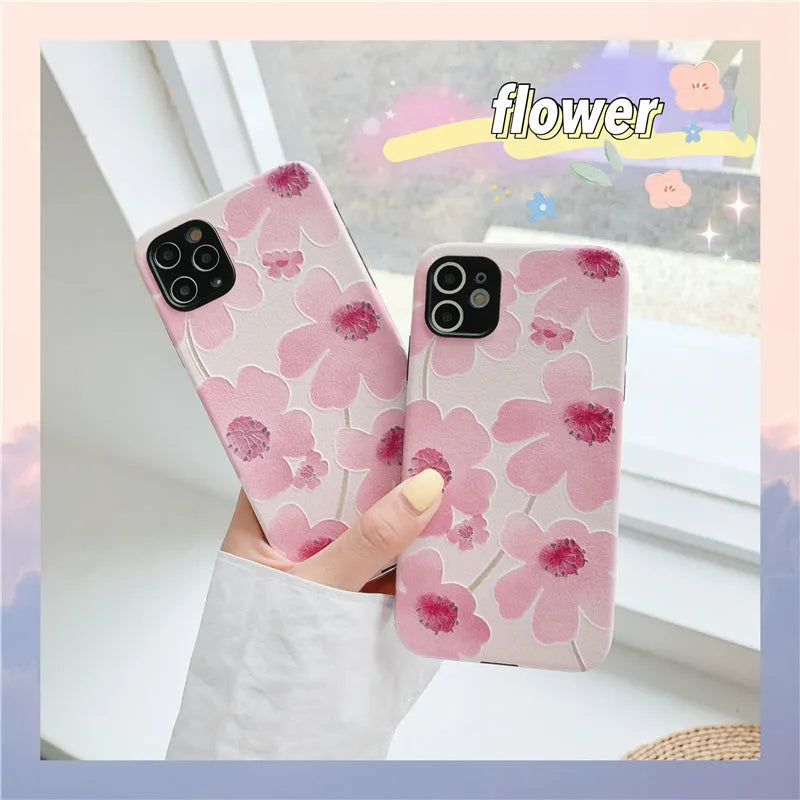 Pink floral soft rubber phone case for iPhone with lanyard hole