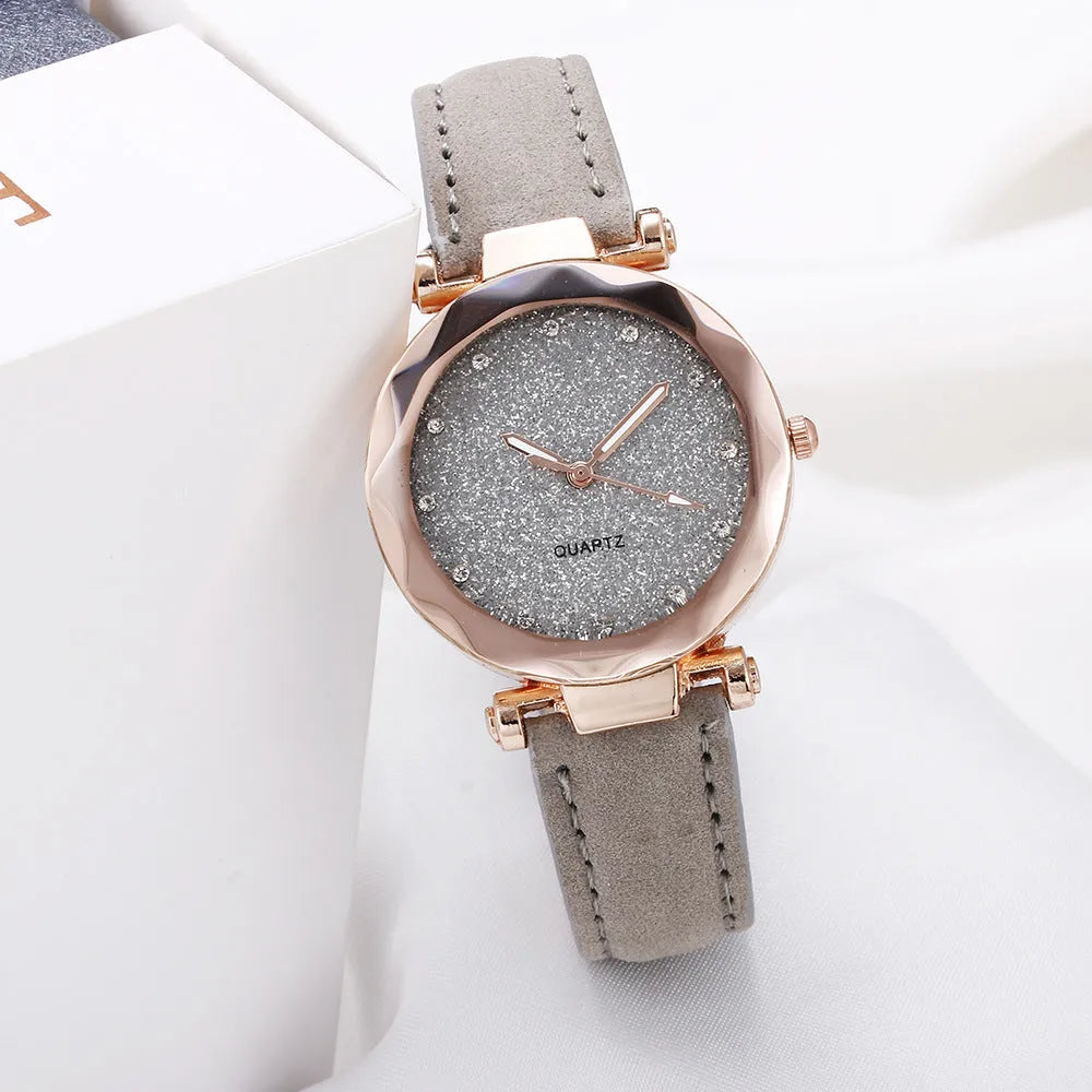 Starry watch with round 34mm dial, alloy case, imitation leather strap, and onion crown in a colour option